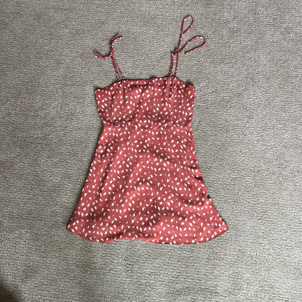 Coral/Rust Orange White Polka Dot A-Line Dress with Tie Straps